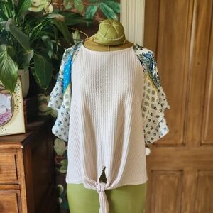 Umgee Boho Mixed Print Knit Top | Flutter Sleeve Tie-Front Blouse | Women’s S